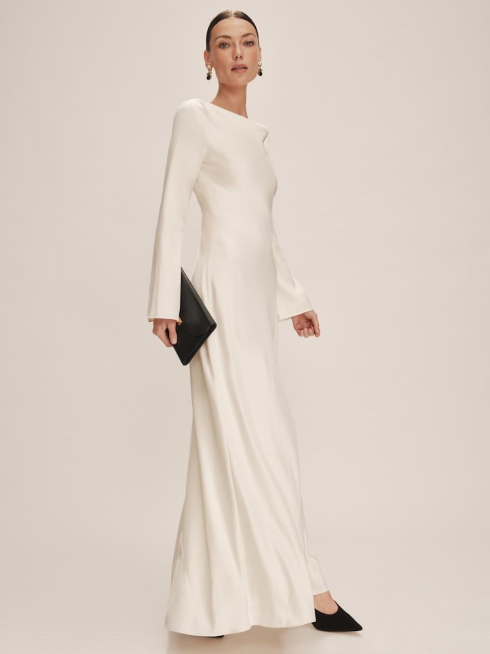 Reformation CIANA Satin Long Sleeve Maxi Dress Wedding Bridal FIOR DI LATTE Sz 8